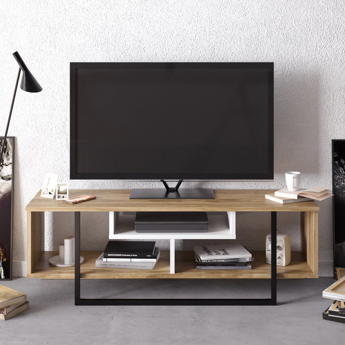 Hanah Home Asal (120) Soporte para TV Blanco, Negro y Roble